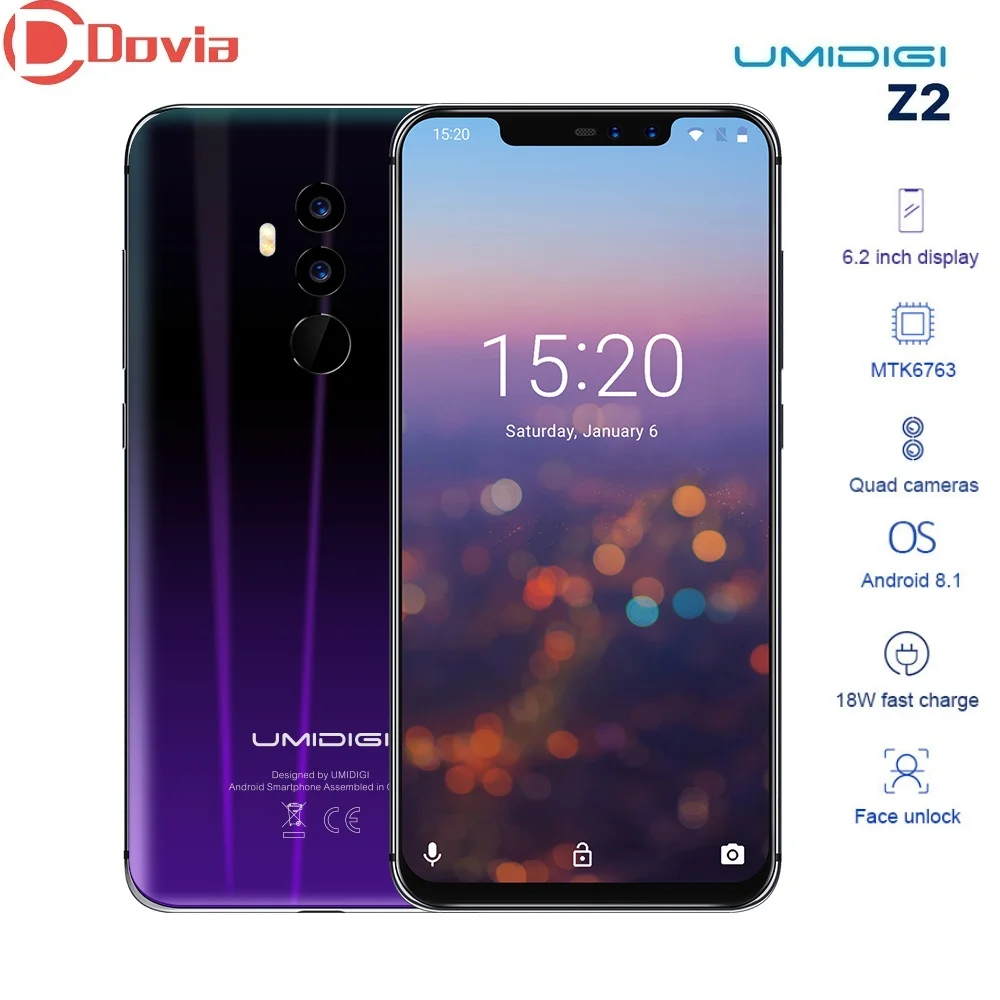 UMIDIGI Z2 смартфон 4050 mAh 6,2 "Android 8,1 MTK6763 Octa Core 2,0 GHz 6 ГБ и 64 Гб 16.0MP + 8.0MP двойной задняя камеры 4G мобильный телефон