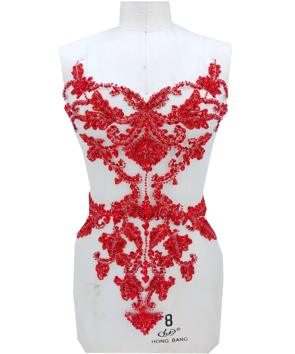 

55*35cm handmade crystal patches sew on red rhinestones applique on mesh for dress accessories
