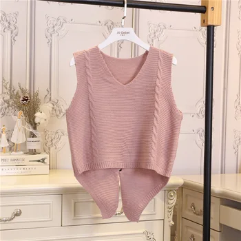 

Spring Autumn New Fashion Womens Sweater Knitting Vest 2019 Academic Style Females Trend Sleeveless Shoulder Short Sweater Tops