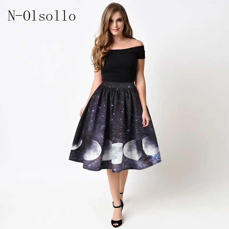 

Black High Waist 3D Galaxy Moonlight change Printed Skirts Sexy Pleated Tutu Skirts Fashion Women Summer Casual elegant Skirt