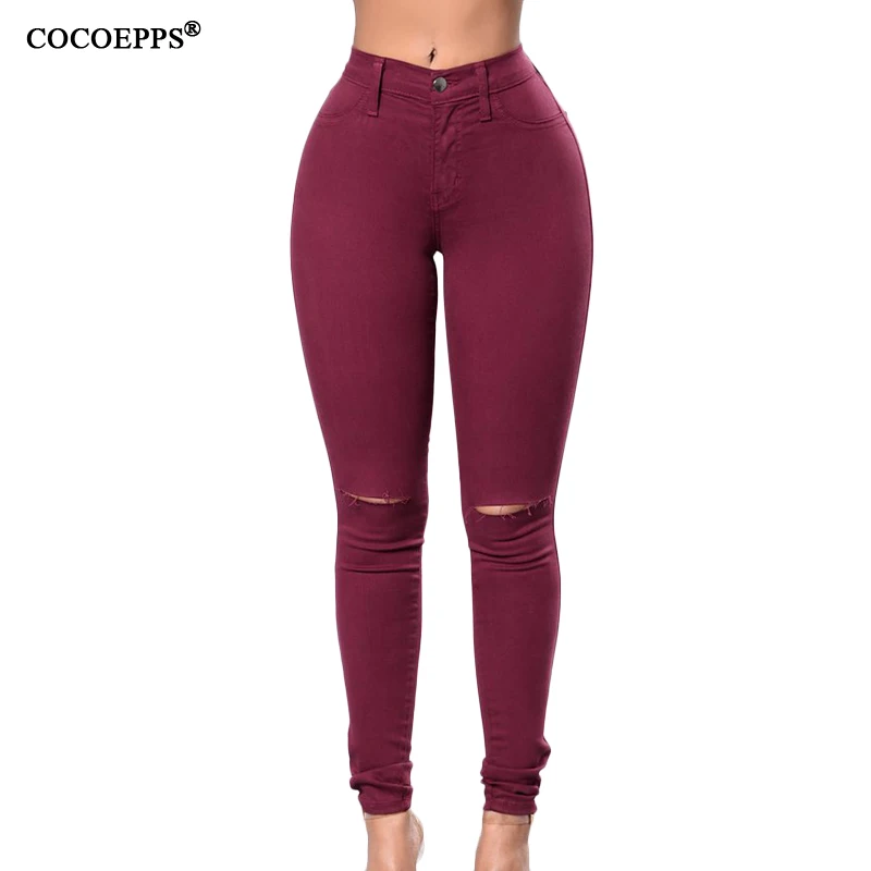 

2019 Plus Size High Waist Sexy Women Hole Jeans Autumn Winter Large Size Stretch Ripped Red Pants Tight Demin Feminino Trousers