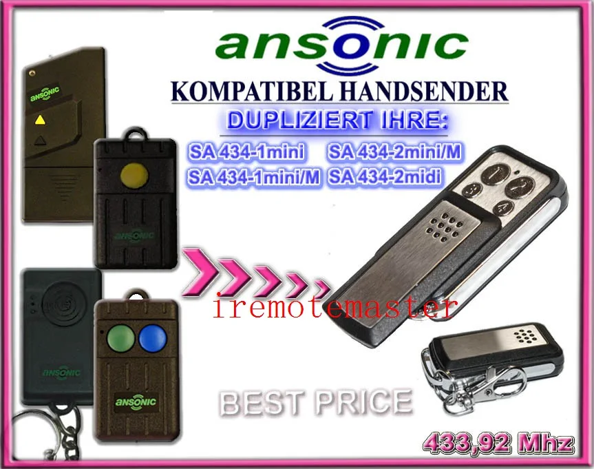 

Ansonic gate garage door remote control for SA434-1mini,SA434-2mini/M,SA434-1MINI/ME,SA434-2MIDI garage door command 433mhz