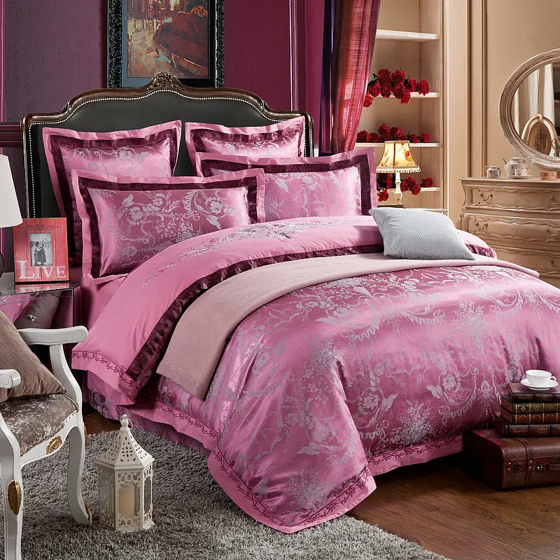 Cinza vermelho cor de seda De cetim de Luxo & Jacquard de algodão conjuntos de Cama 4 pcs para o tamanho da rainha do rei capa de edredão set Lençóis roupa de cama