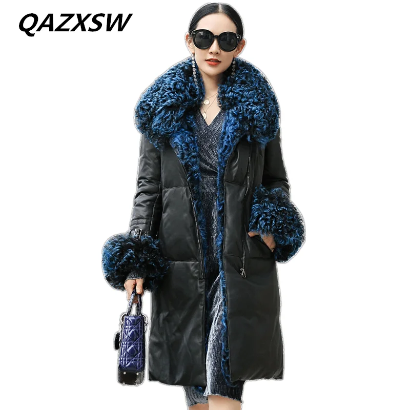 2018 Winter New Women's Genuine Leather Coat Sheep Down Jacket Long Section Wool Collar Thick Warm Slim Outer LE517 | Женская одежда