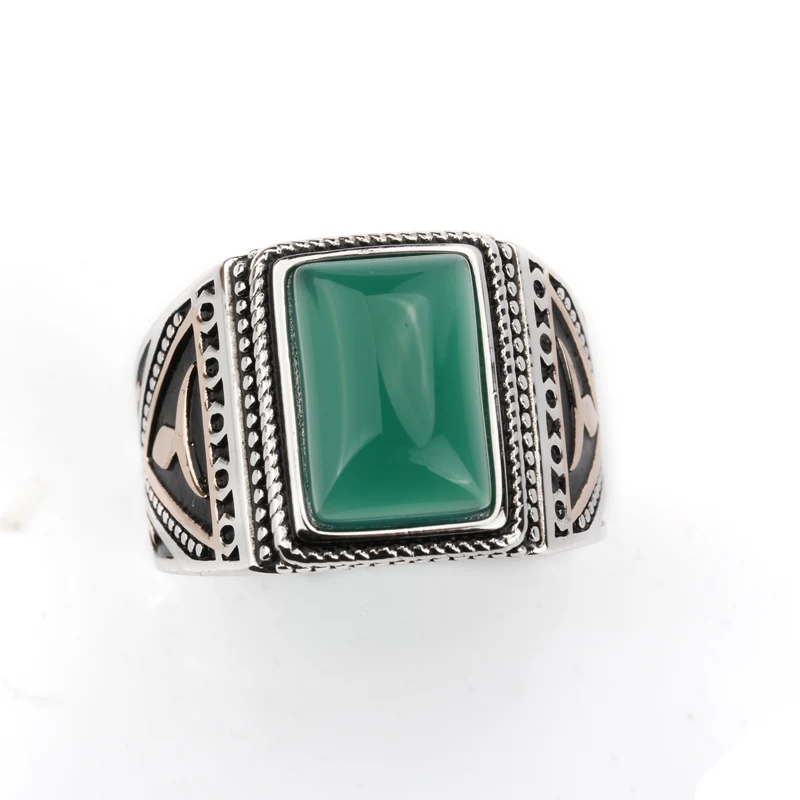 925 пробы Серебряная установка зеленый агат из камней правильной геометрической формы кольцо в стиле панк для мужчин палец кольцо ювелирные изделия