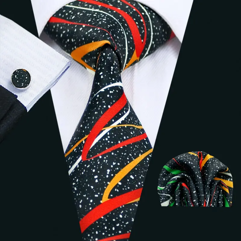 

LS-1297 New Arrival Men`s Print Silk Tie High Quality Brand Design Black Necktie Neckwear Hanky Cufflinks Set For Party Wedding