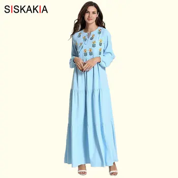 

Siskakia ladies Casual Long Dress Solid Draped Patchwork Elegant Floral Embroidery Swing Flare Dress Light Blue Autumn 2019 New