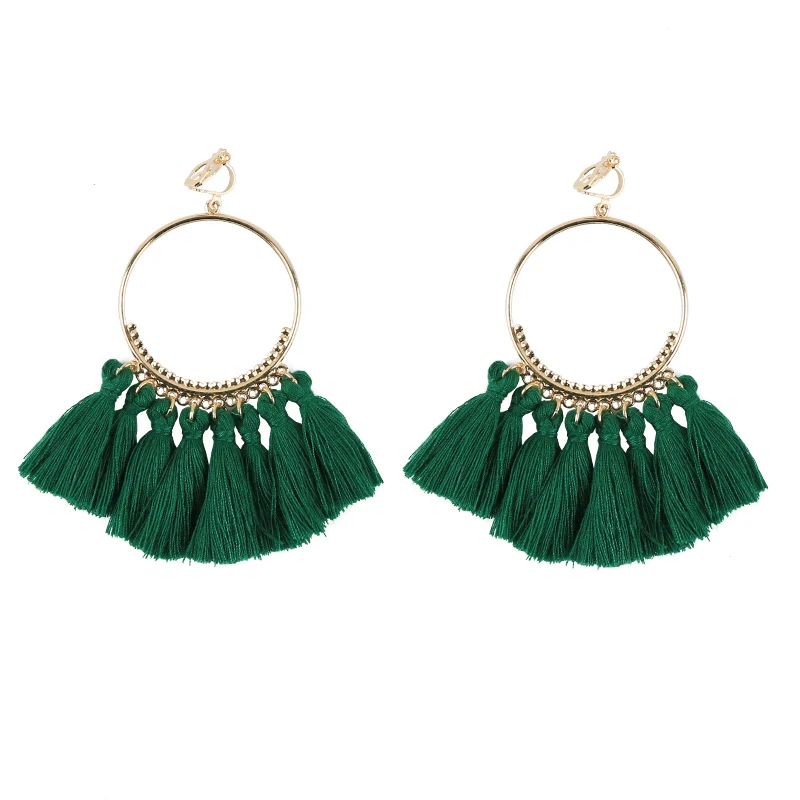 Bohemian Long Tassel Clip On Earrings No Pierced for Women Vintage Round Trendy Cotton Rope Fringe Fashion Jewelry Ear Clip ear clip earrings clip earrings ear clip