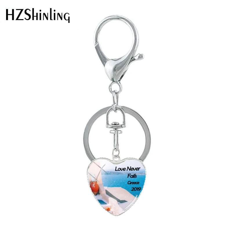 

2019 New Heart Keychain Love Never Fails Keyring Greece Santorini Beautiful Blue Sea Glass Pendants Jewelry