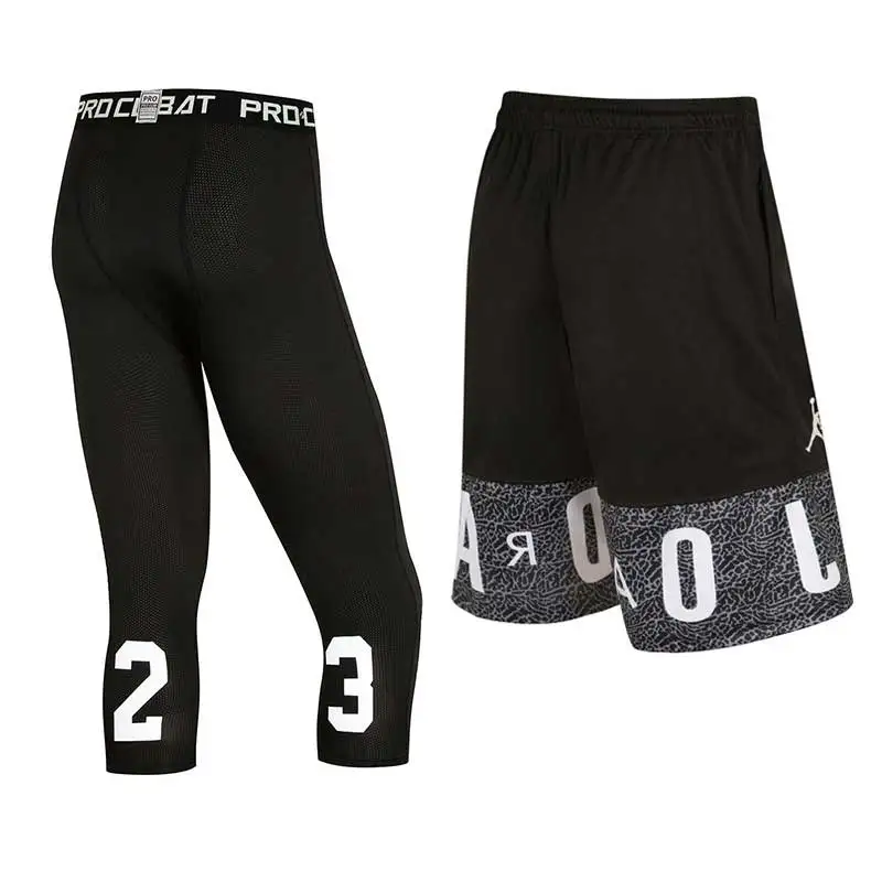 

Men Sport GYM Fitness Sets Quick Dry Cropped Pants Running Tights + Basketball Shorts Workout Exercise Capri Leggings + Shorts