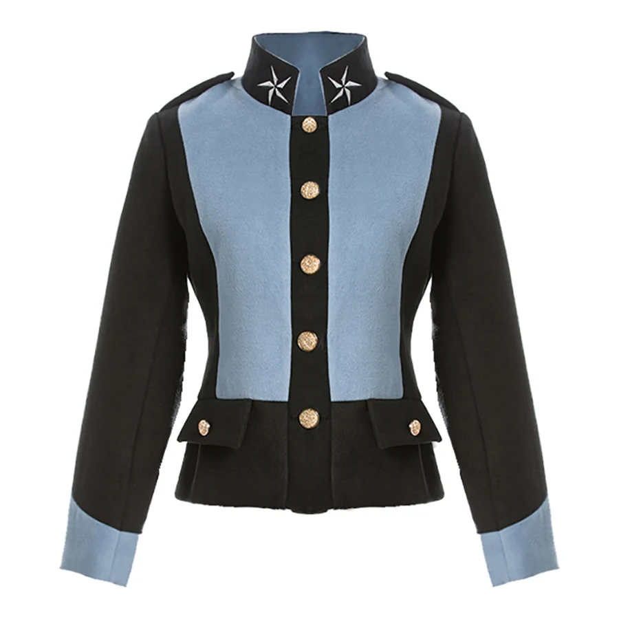 

VERDEJULIAY Runway Jacket Women 2019 Autumn Winter Long Sleeve Blue Black Contrast Color Heart Star Print Fashion Warm Short Top