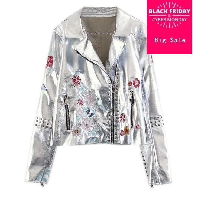 Женская кожаная куртка бомбер с вышивкой и заклепками|pu jacket|leather bomber jacket womenrivet