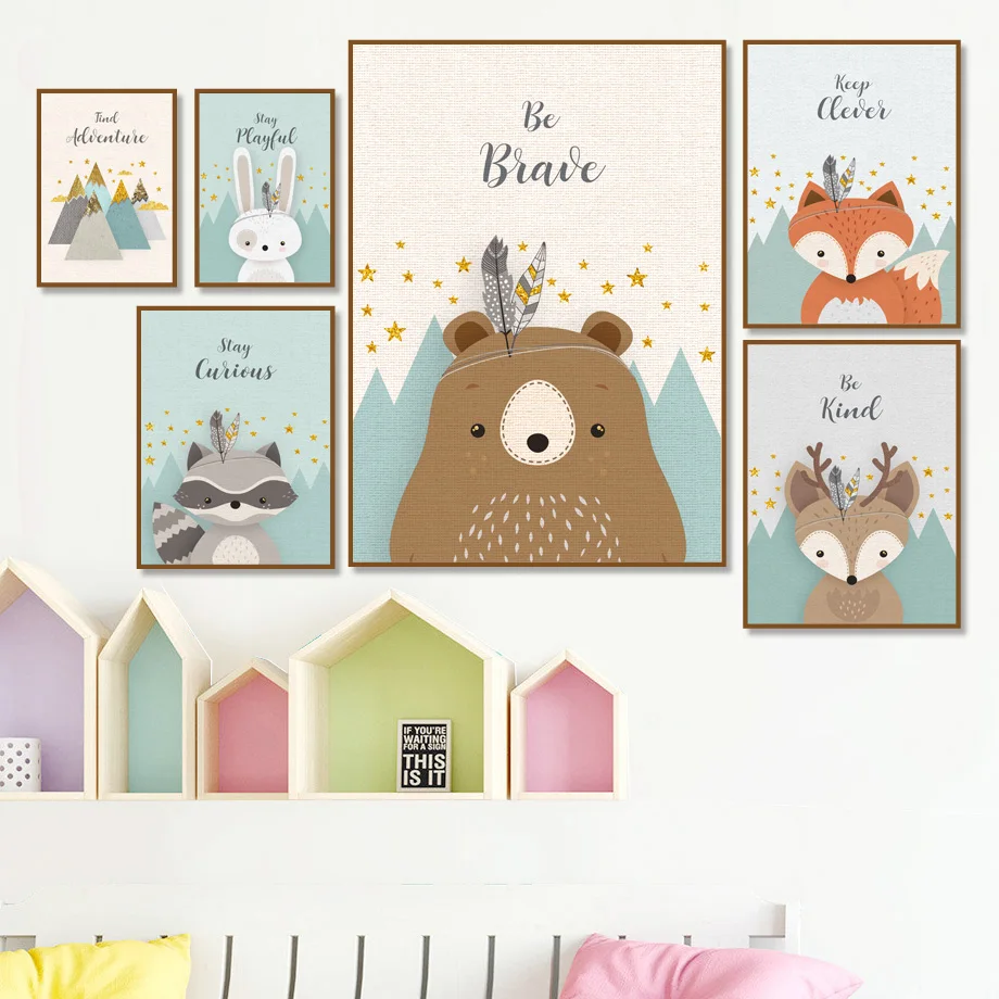 

Bear Rabbit Fox Deer Nursery Wall Art Canvas Painting Cartoon Nordic Posters And Prints Wall Pictures Girl Boy Kids Room Decor