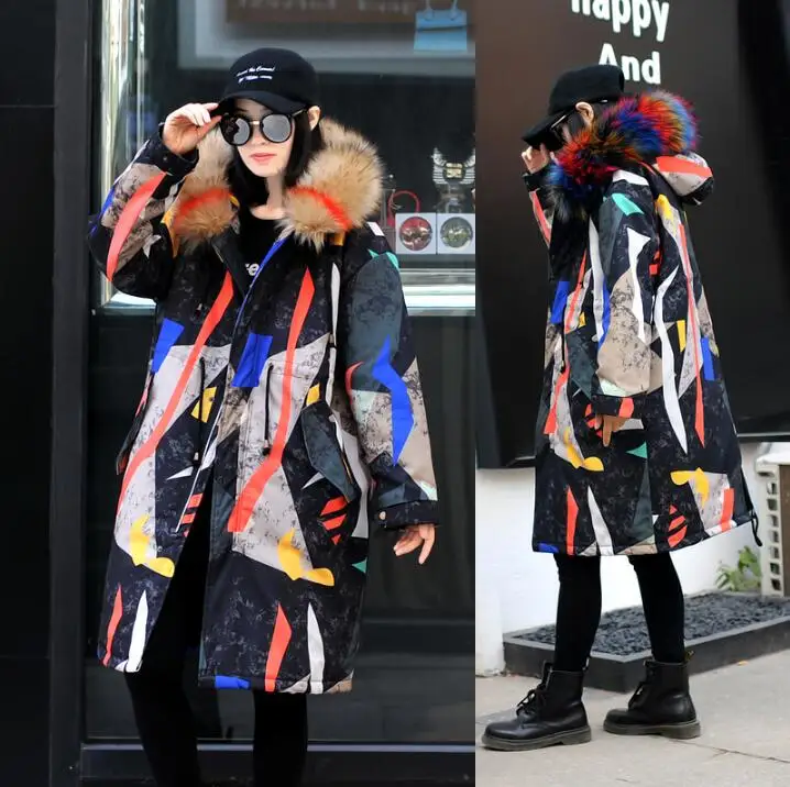 

Womens Printed color strips large fur collar thick cotton coat Parkas Female Winter Jacket Coat Thick Cotton Warm Outwear Coat