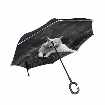 

Wolf Printed Reverse Umbrella Long Shank Inverted Double Layer Creative Self Stand Rain Protection Umbrella Drop Shipping