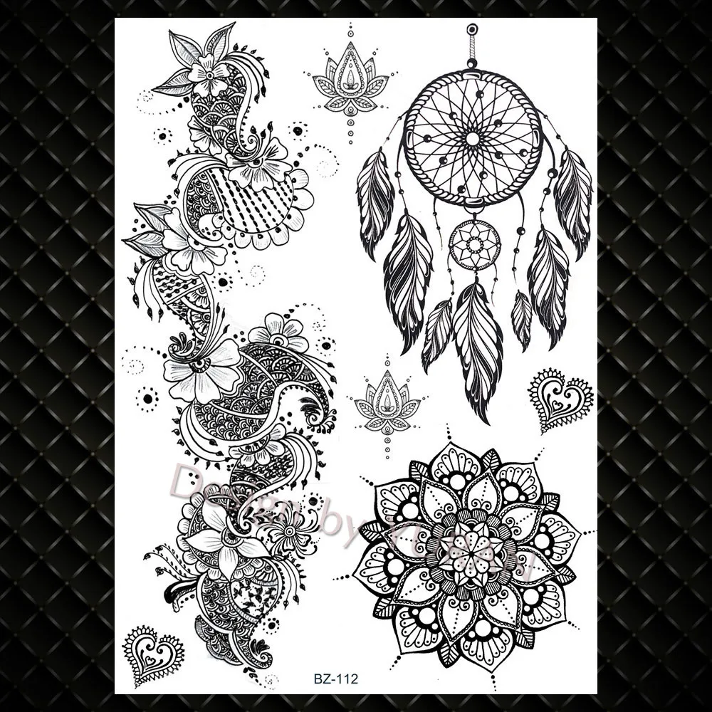 YURAN, водостойкие индийские наклейки, Ловец снов, ротанг, мандала, цветок, татуировки, черные, женские Временные татуировки, черепаха, рука, бохо, тату