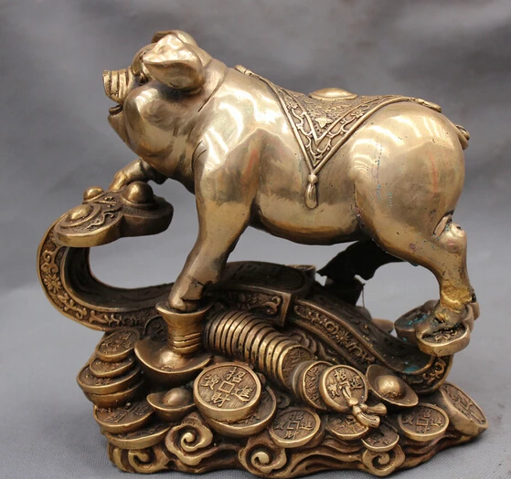 

JP S62 8" Chinese Fengshui Brass Zodiac Year Pig Ru Yi Coin Money Wealth Rich Statue