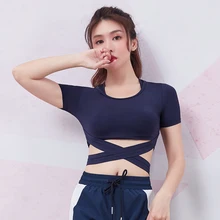 Женские облегающие спортивные рубашки для йоги с коротким рукавом открытый пупок с перекрестной повязкой для фитнеса тренировочная одежда для бега