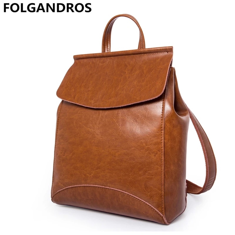 

FOLGANDROS Genuine Leather Backpack for Women 2018 Designer Brand Vintage Daypack Natural Leather Lady Double Shoulder Bag Bolsa