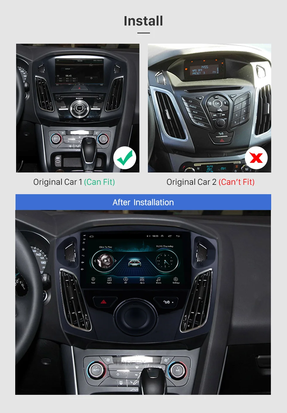 Best Harfey 9" HD Android8.1 GPS Car Navi Stereo for Ford Focus 2011 2012-2015 with Bluetooth WIFI 1080P USB Mirror Link OBD2 DVR SWC 1