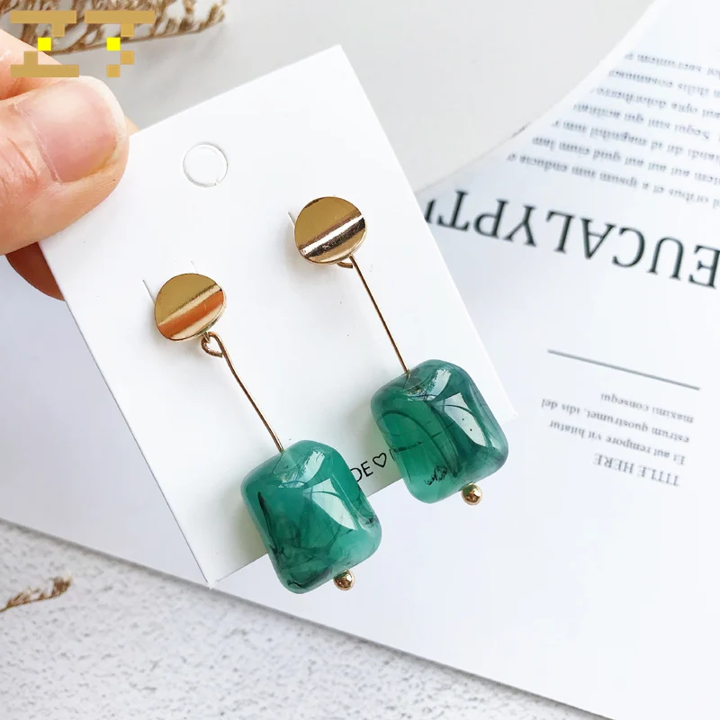 

2019 New Fashion Metal Gold Round Earrings Statement Geometric Square Green Resin Dangle Drop Earrings Jewelry for Women Brincos