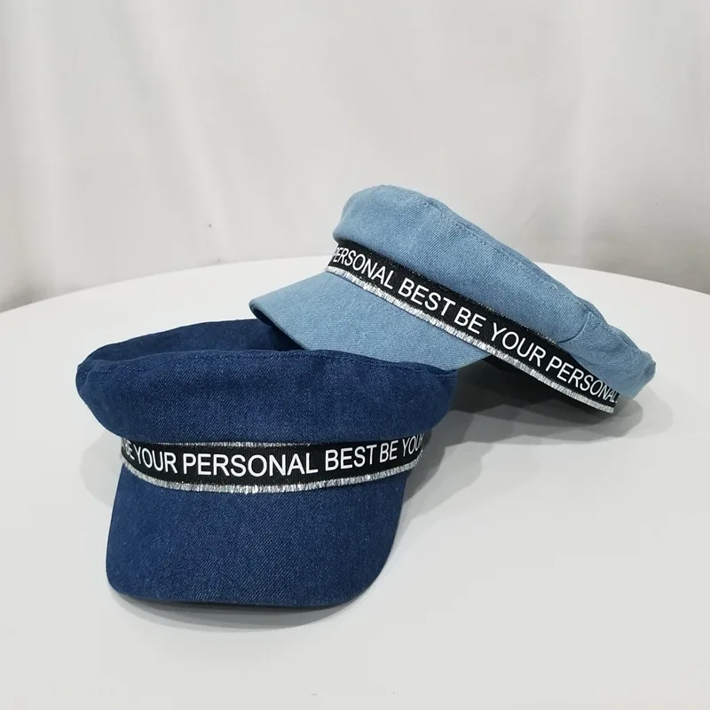 

All-match England Octagonal Hat Unisex Denim Beret Women Men Letter Striped Flat Cap Casual Male Female Jean Navy Cap