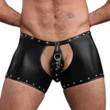 Сексуальные мужские открытые промежности эротические кожаные блестящие шорты с заклепками Панк wetlook бандажные Клубная Одежда для танцев на пилоне короткие шорты