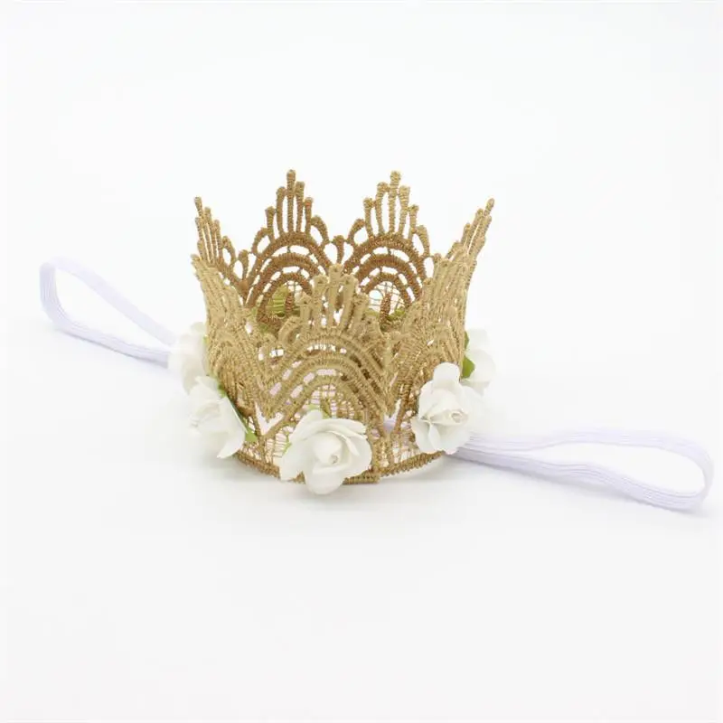 Милая Кружевная повязка на голову с цветами и золотой короной для маленьких девочек; повязка на голову; аксессуары; головные уборы; вечерние головные уборы принцессы - Цвет: Белый