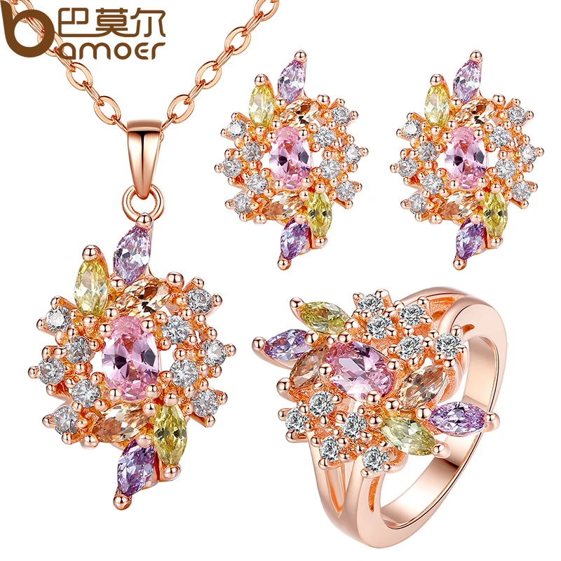 BAMOER Luxury Gold Plated Engagement Jewelry Sets with AAA Colorful Cubic Zircon for Women High Quality Bridal Jewelry