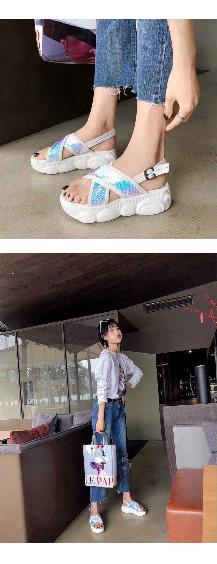 Новые модные сандалии со стразами; женская летняя обувь с перекрестными ремешками; большие размеры 44, 44, 45, 46 женские босоножки на платформе с открытым носком и пряжкой