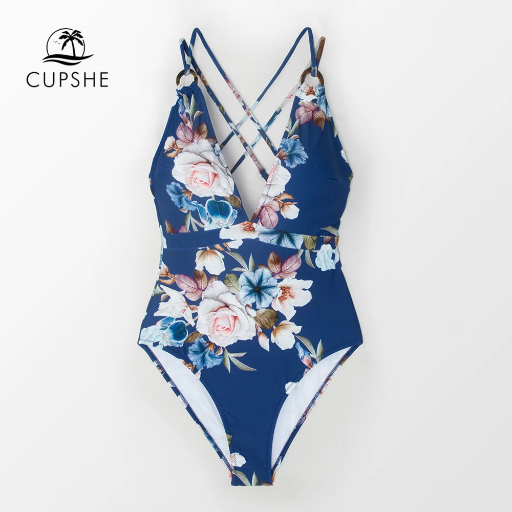 Preise CUPSHE Blau Floral Strappy Einteiliges Badeanzug Frauen Sexy Kreuzmuster Monokini Bademode 2019 Mädchen Strand Badeanzüge