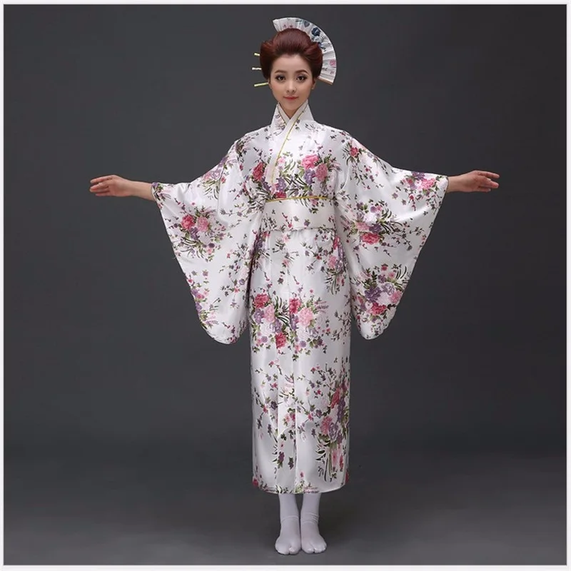 Горячая распродажа Женские атласные кимоно японское пикантное юката с Obi Haori Новинка вечерние платья костюм для танцев выступлений Цветочные один размер - Цвет: Белый