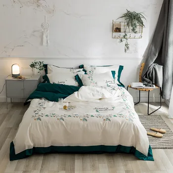 

2018 Embroidered green leaves 4pcs Bedding Sets egyptian cotton Bedding set Bed Linen Duvet Cover Bed Sheet Pillowcase/bed Set
