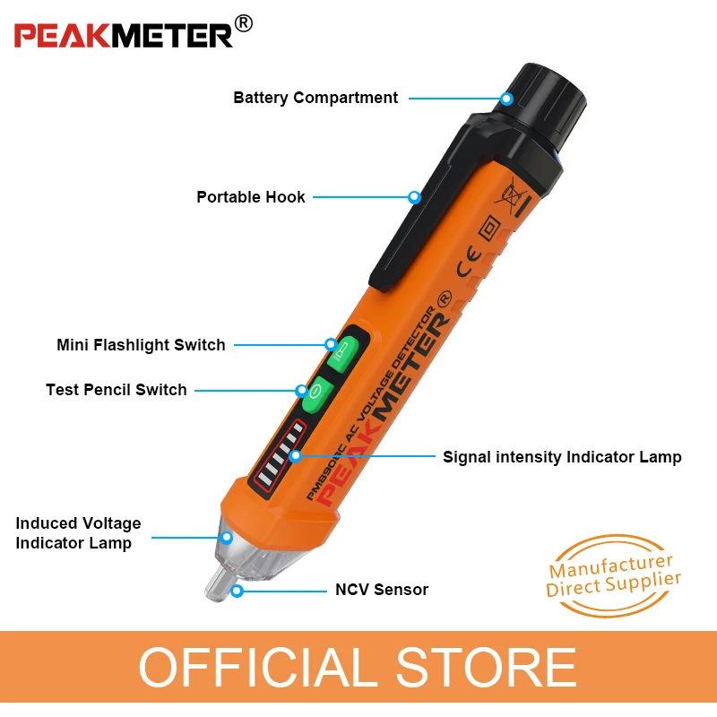 PEAKMETER PM8908C Бесконтактный детектор напряжения переменного тока тестер 12 V-1000 V Ручка стиль детектор напряжения