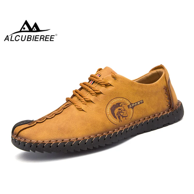 

ALCUBIEREE Men Casual Shoes Men's Lace-up Breathable Driving Shoes Vintage Comfortable Handmade Men Boat Shoes Plus Size 38-46