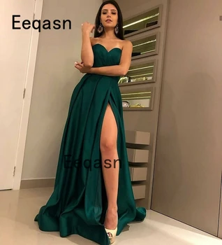

New Arrival Green Evening Dresses 2020 Cheap A-line V-neck Satin High Leg Slit Sexy Long Evening Gown Prom Dress robe soiree