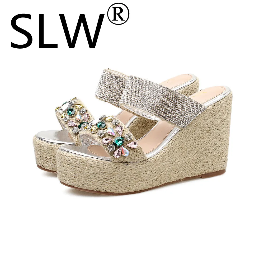 

handmade crystal platform hot sale slippers woman flower decorate fisherman shoes straw knitted brand slildes woman beach shoes