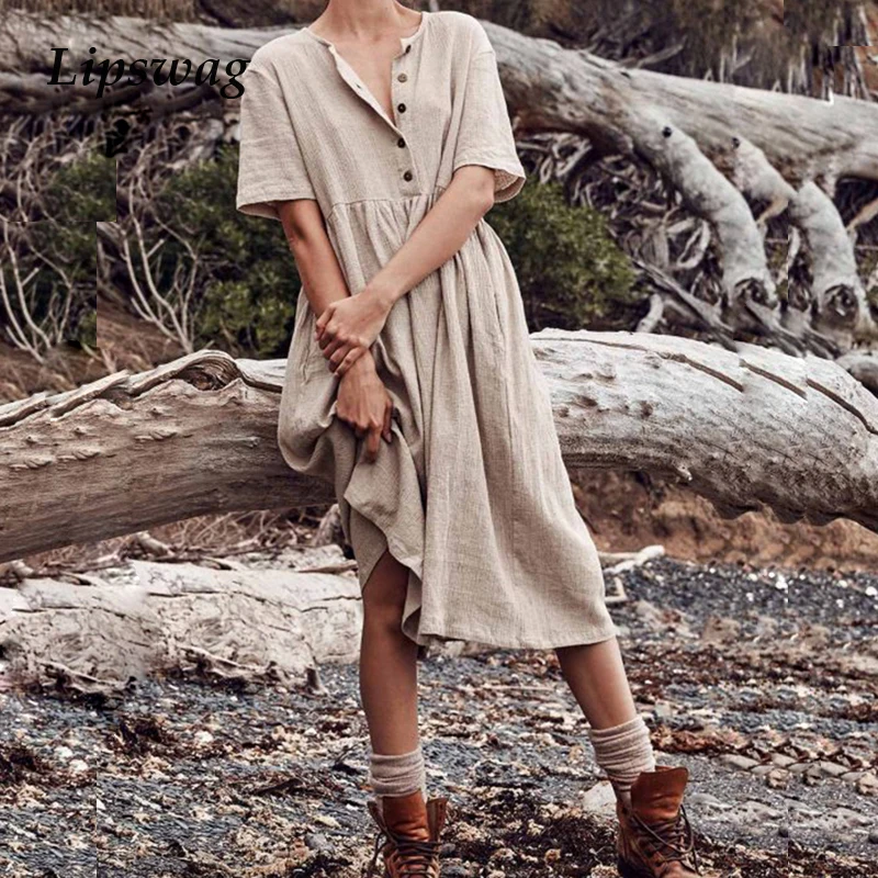 

Lipswag 2XL Summer Short Sleeve O-neck Solid Sundress Women 2019 Casual Button Cotton Linen Beach Dress Loose Party Midi Dresses