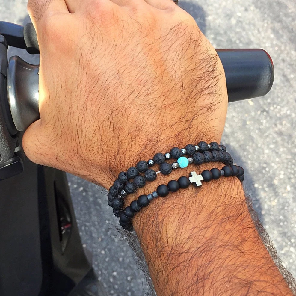 Pulsera de color negro hombre, brazalete de piedra de Lava ónix negro, conjunto de de 6mm para hombre, regalo para hombre, joyería meditación|Pulseras de hilo| - AliExpress