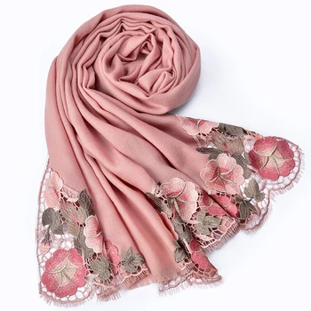 

Women Flower Embroidery 100% Wool Scarf Warm Soft Thin Wool Shawls Wraps Large Size Ladies Pink Embroidered Sheep Wool Scarves