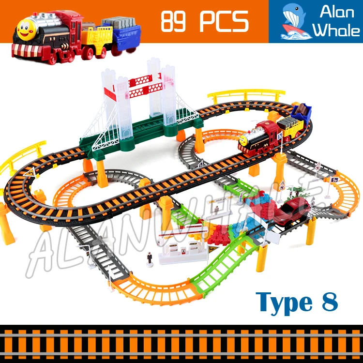 

89pcs Elevated Rail Bridge Motorized Battery Train Set Track Electric Cars Transport Railway Thomas and Friends Family Toys