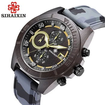

2019 Newest Military Sport Watch Mens Silicone Leather Quartz Wood Wristwatch Chronograph Waterproof Classic Clock Male Gift box