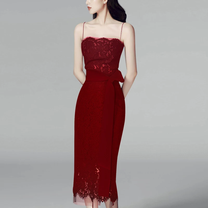 

HAMALIEL Sexy Summer Spaghetti Strap Sheath Dress 2019 Runway Women Wine Red Lace Bodycon Pencil Party Dress Slim Sashes Dress