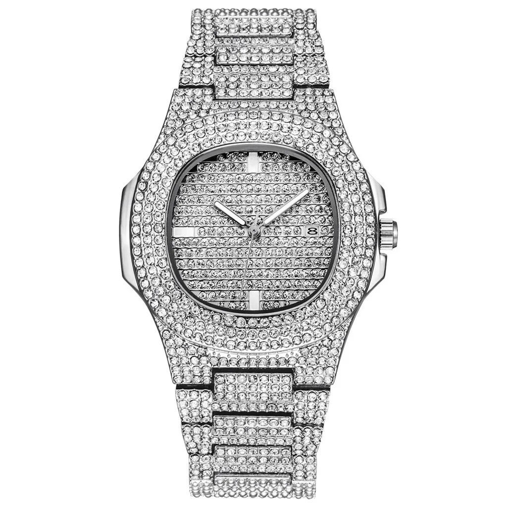 

Bussiness Silver Diamond Watch stainless steel Full Of Diamonds Watch Luxury Gift For dropshipping male clock Relogio Masculino