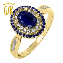 Gemstoneking 1.62 ct oval natural azul zafiro 18 k amarillo chapado en oro anillo de compromiso de plata 925 de las mujeres
