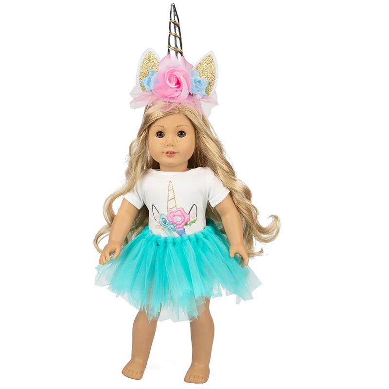 

Fit 18 inch 43cm Doll Clothes Accessories Born New Baby Red Pink Blue Unicorn hairband suit For Baby Birthday Festival Gift