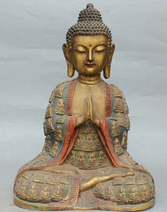 

S5789 17" Old Tibet Bronze Gild Painting Shakyamuni Amitabha Buddha Robe Pray Statue D0318