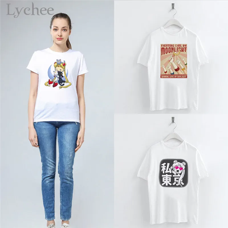 Lychee Harajuku Сейлор Мун мультфильм Печать Женская футболка повседневная с коротким рукавом o-образным вырезом белая футболка женский топ