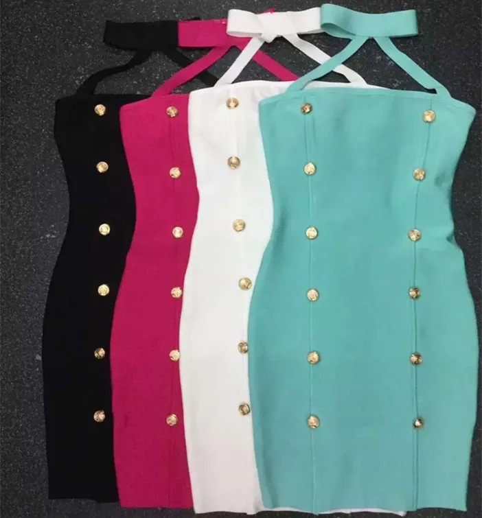 4 Colors Top Quality Off The Shoulder Gold Button Fashion Rayon Bandage Dress