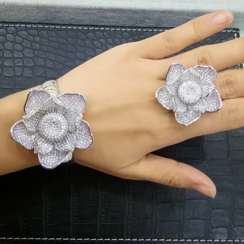 GODKI Luxury Flower Blossom KoreanBangle Ring Set Fashion Jewelry Sets For Women Wedding Engagement brincos para as mulheres
